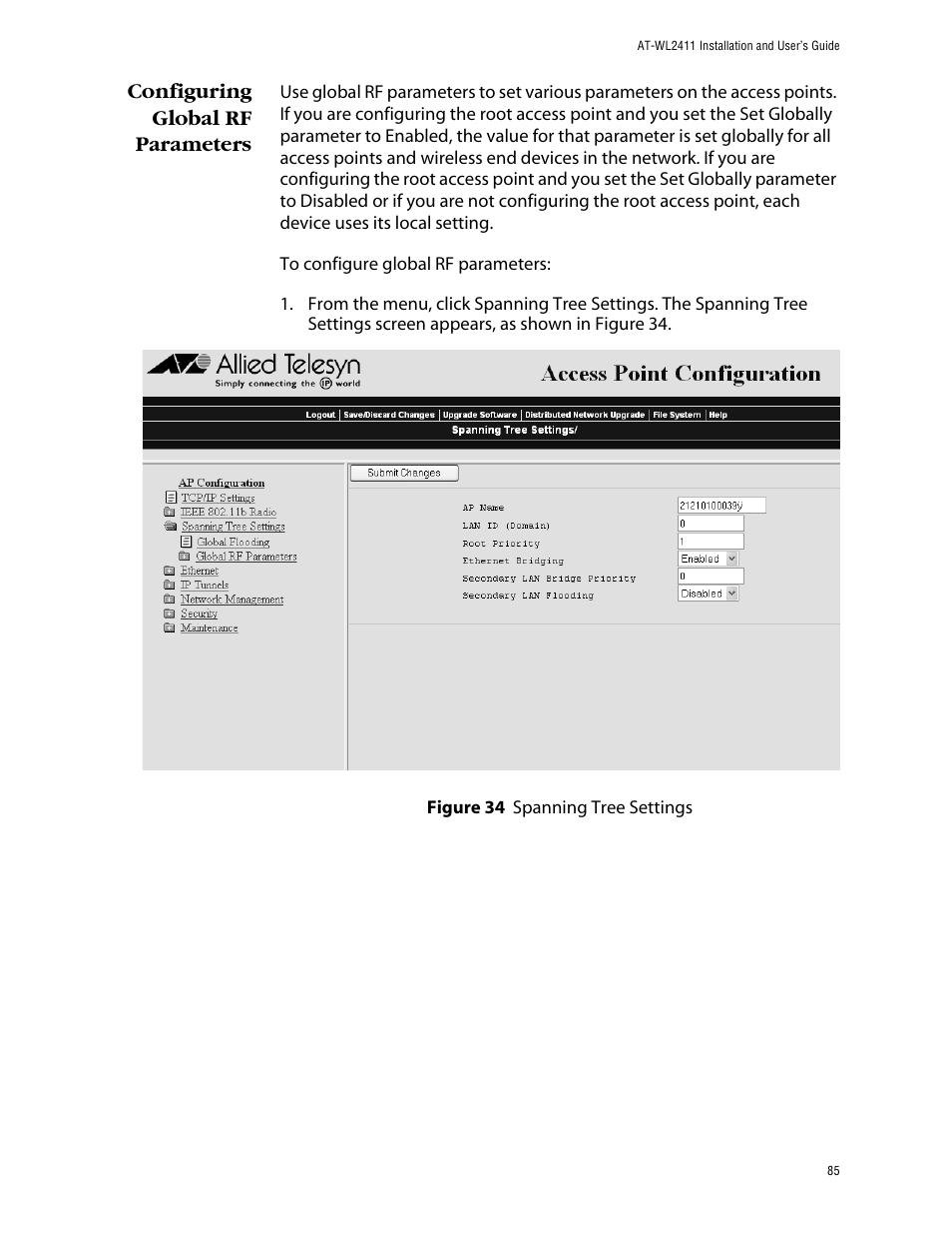 Configuring global rf parameters | Allied Telesis AT-WL2411 User Manual | Page 85 / 208