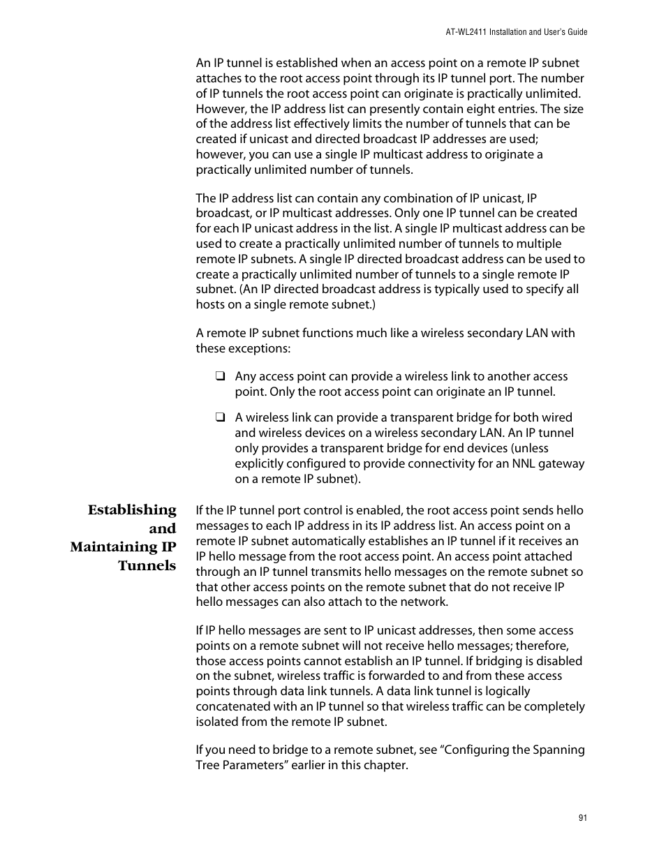 Establishing and maintaining ip tunnels | Allied Telesis AT-WL2411 User Manual | Page 91 / 208
