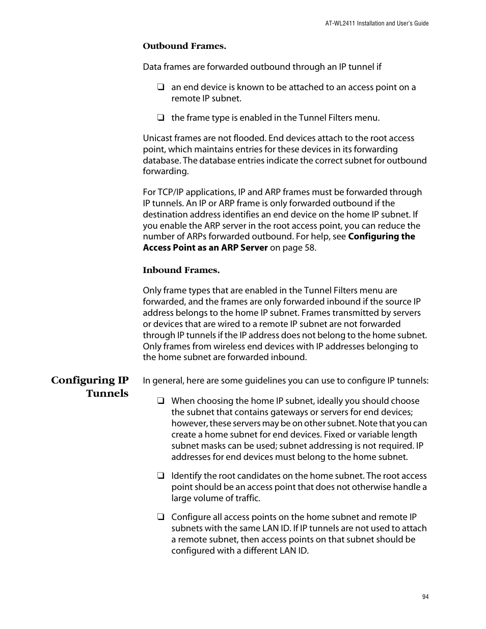 Configuring ip tunnels | Allied Telesis AT-WL2411 User Manual | Page 94 / 208