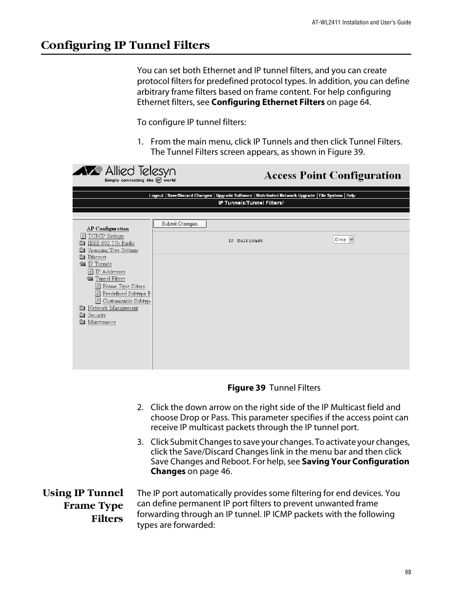 Configuring ip tunnel filters, Using ip tunnel frame type filters | Allied Telesis AT-WL2411 User Manual | Page 98 / 208