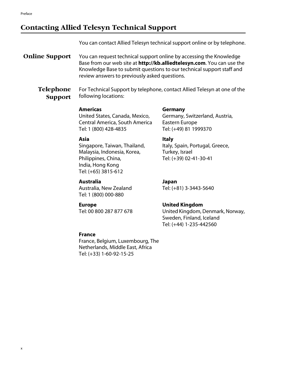 Contacting allied telesyn technical support | Allied Telesis AT-GS924GB User Manual | Page 10 / 60