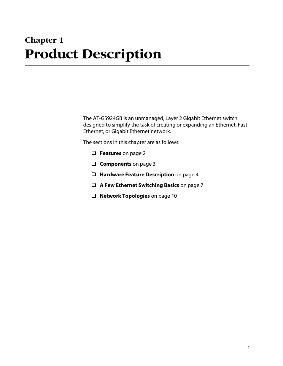 Chapter 1, Product description | Allied Telesis AT-GS924GB User Manual | Page 13 / 60
