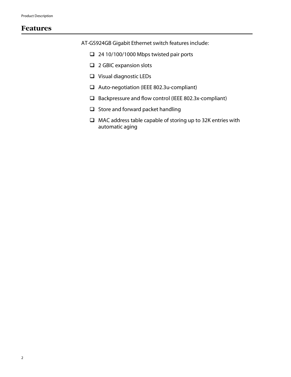 Features | Allied Telesis AT-GS924GB User Manual | Page 14 / 60