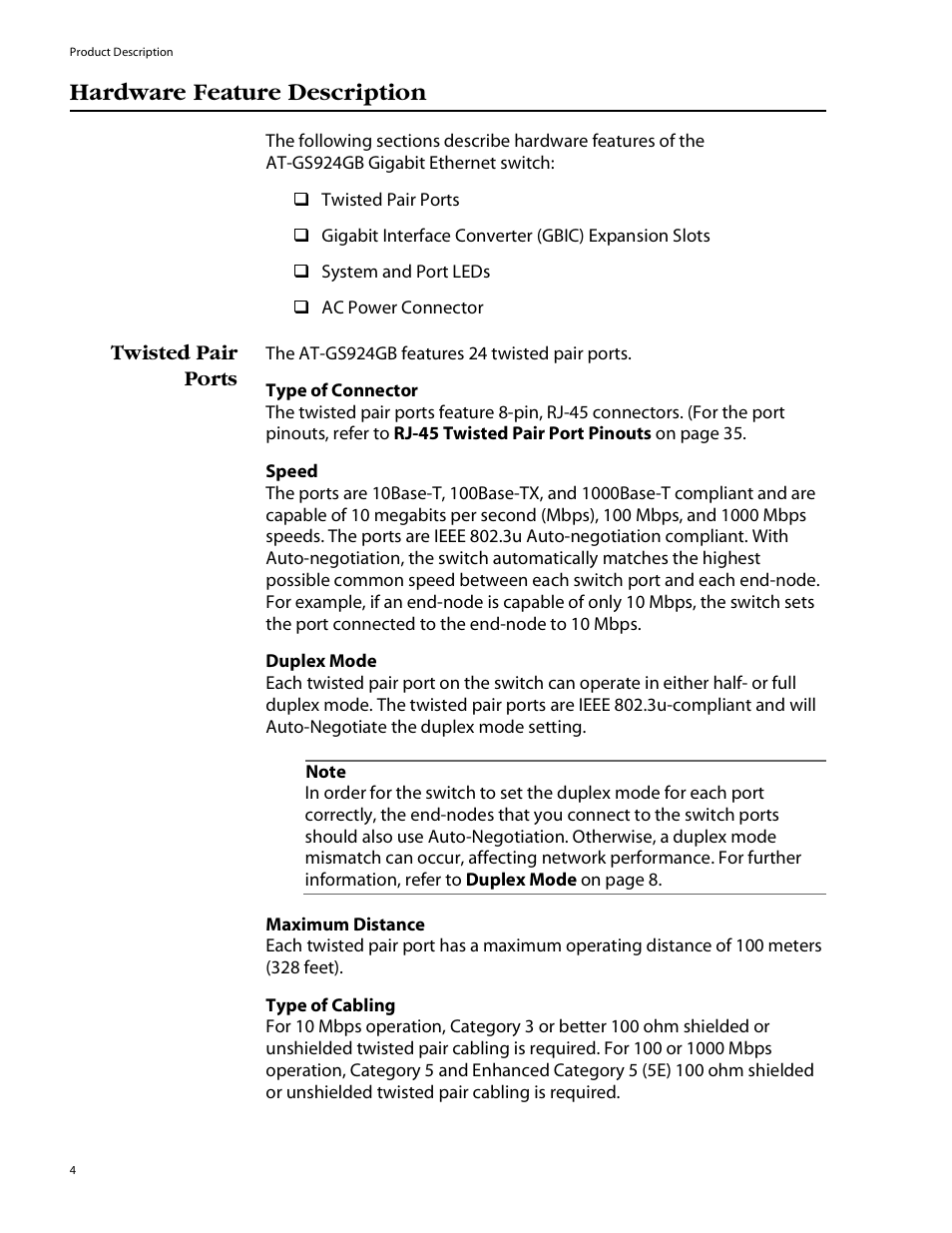 Hardware feature description, Twisted pair ports | Allied Telesis AT-GS924GB User Manual | Page 16 / 60