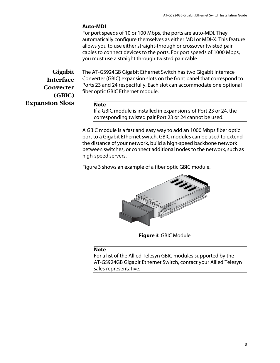Gigabit interface converter (gbic) expansion slots | Allied Telesis AT-GS924GB User Manual | Page 17 / 60
