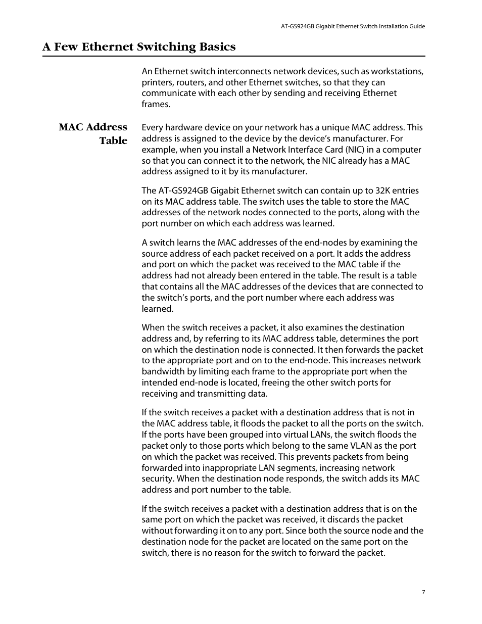 A few ethernet switching basics, Mac address table | Allied Telesis AT-GS924GB User Manual | Page 19 / 60