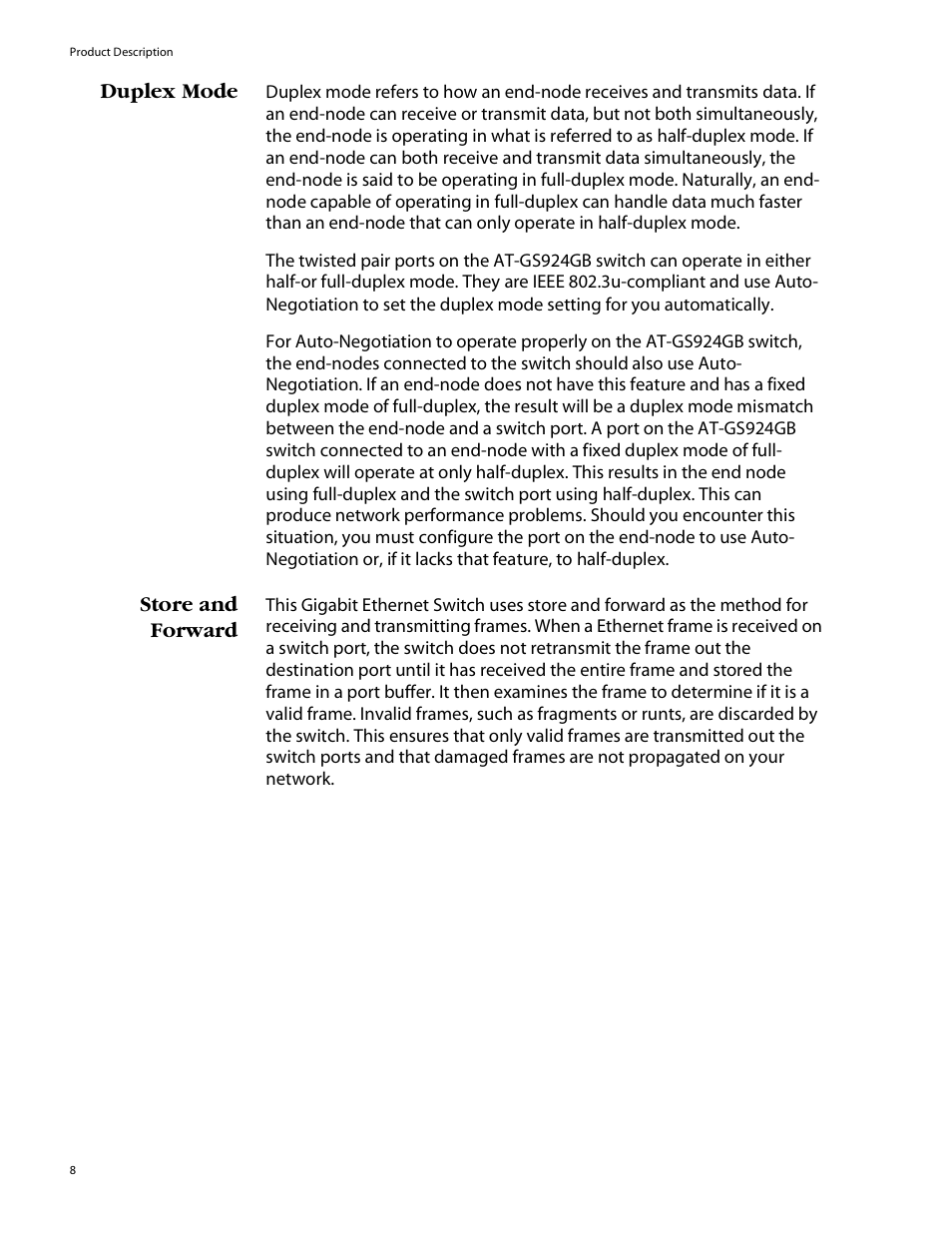 Duplex mode, Store and forward, Duplex mode store and forward | Allied Telesis AT-GS924GB User Manual | Page 20 / 60