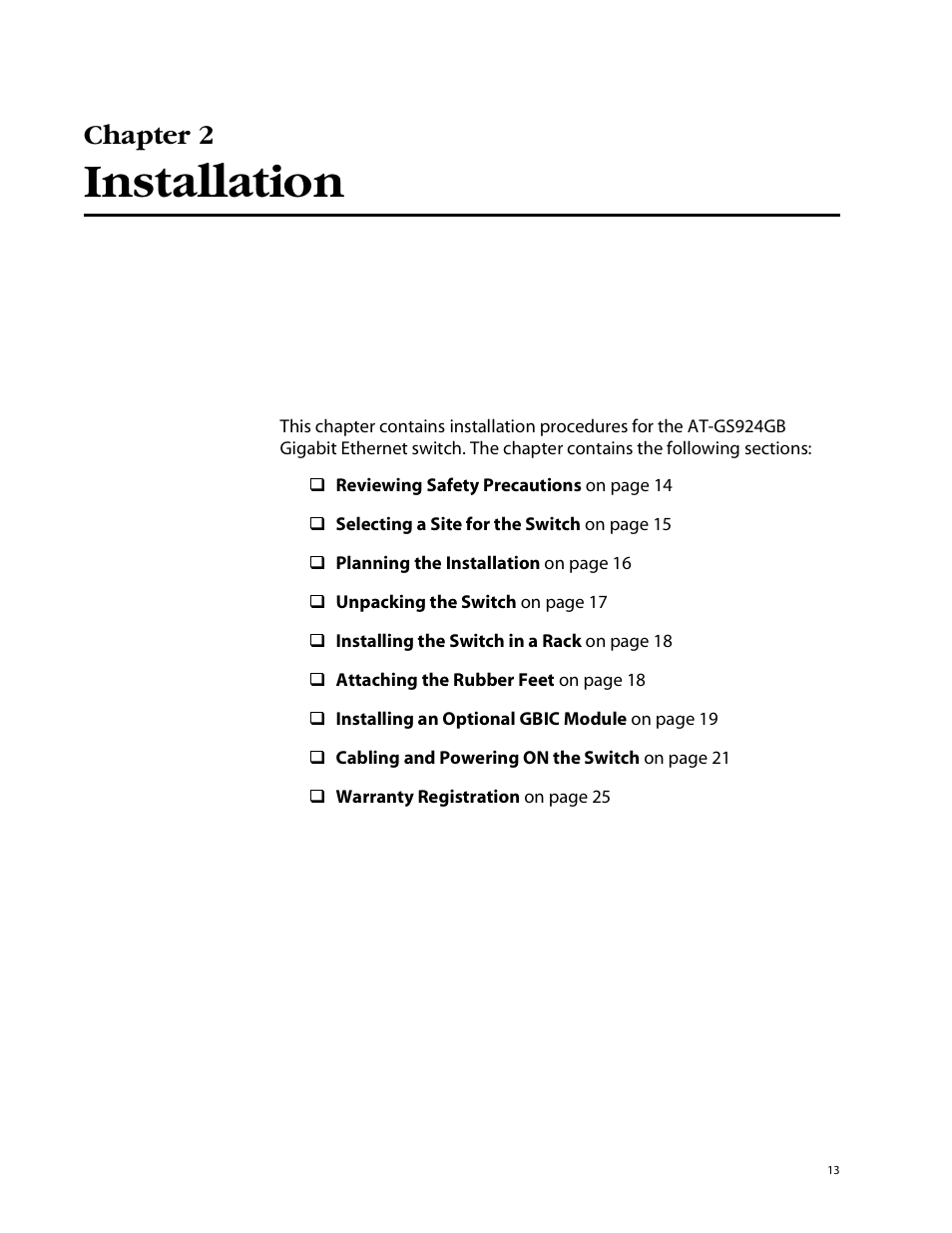 Chapter 2, Installation | Allied Telesis AT-GS924GB User Manual | Page 25 / 60