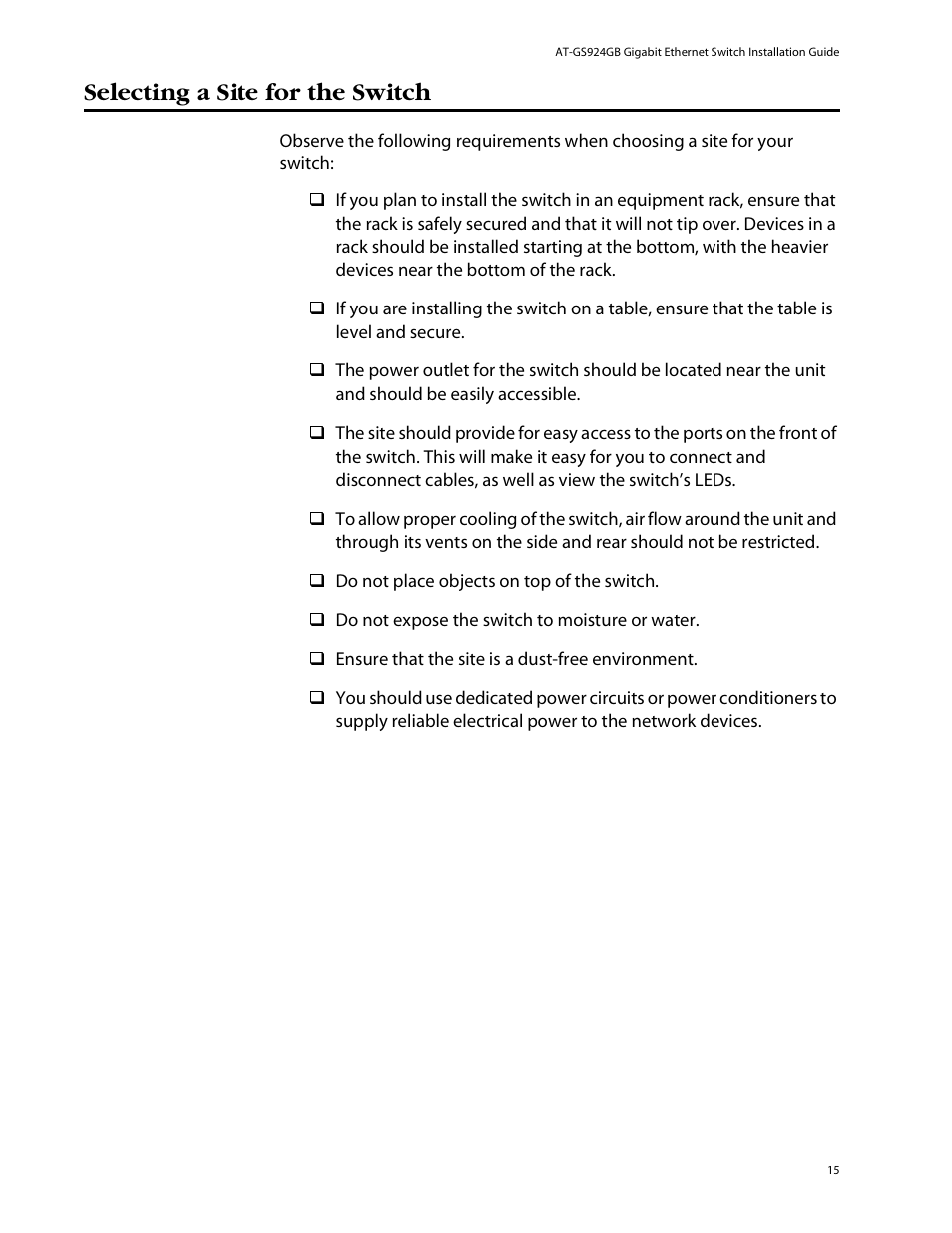 Selecting a site for the switch | Allied Telesis AT-GS924GB User Manual | Page 27 / 60