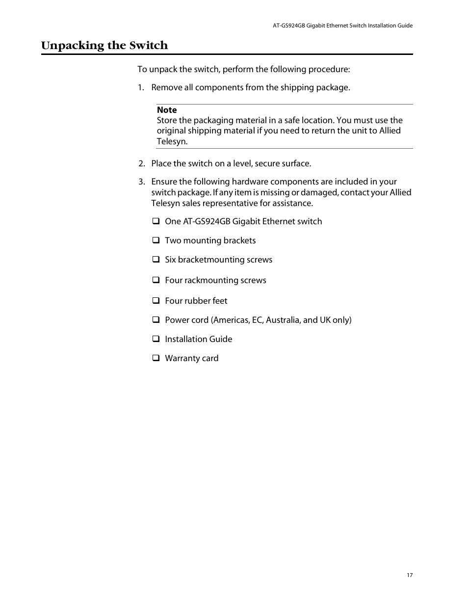 Unpacking the switch | Allied Telesis AT-GS924GB User Manual | Page 29 / 60