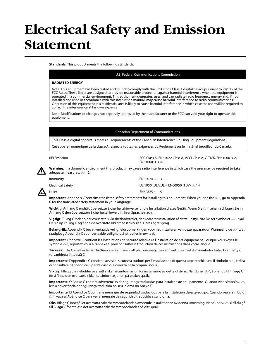 Electrical safety and emission statement | Allied Telesis AT-GS924GB User Manual | Page 3 / 60