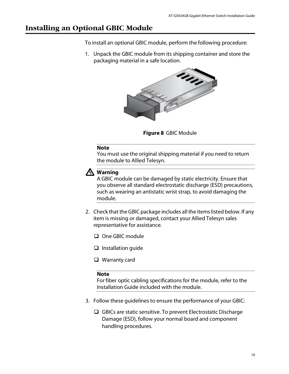 Installing an optional gbic module | Allied Telesis AT-GS924GB User Manual | Page 31 / 60