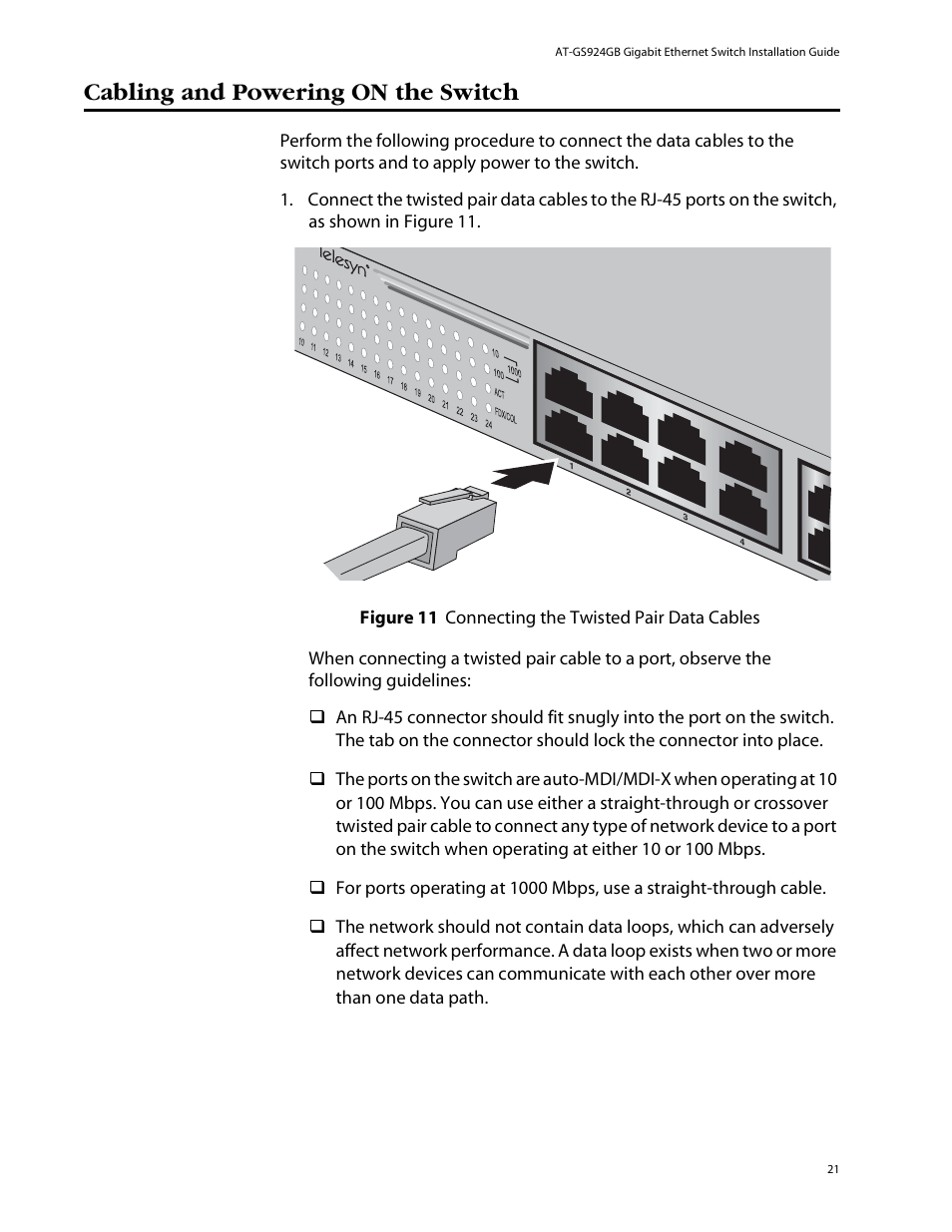 Cabling and powering on the switch | Allied Telesis AT-GS924GB User Manual | Page 33 / 60