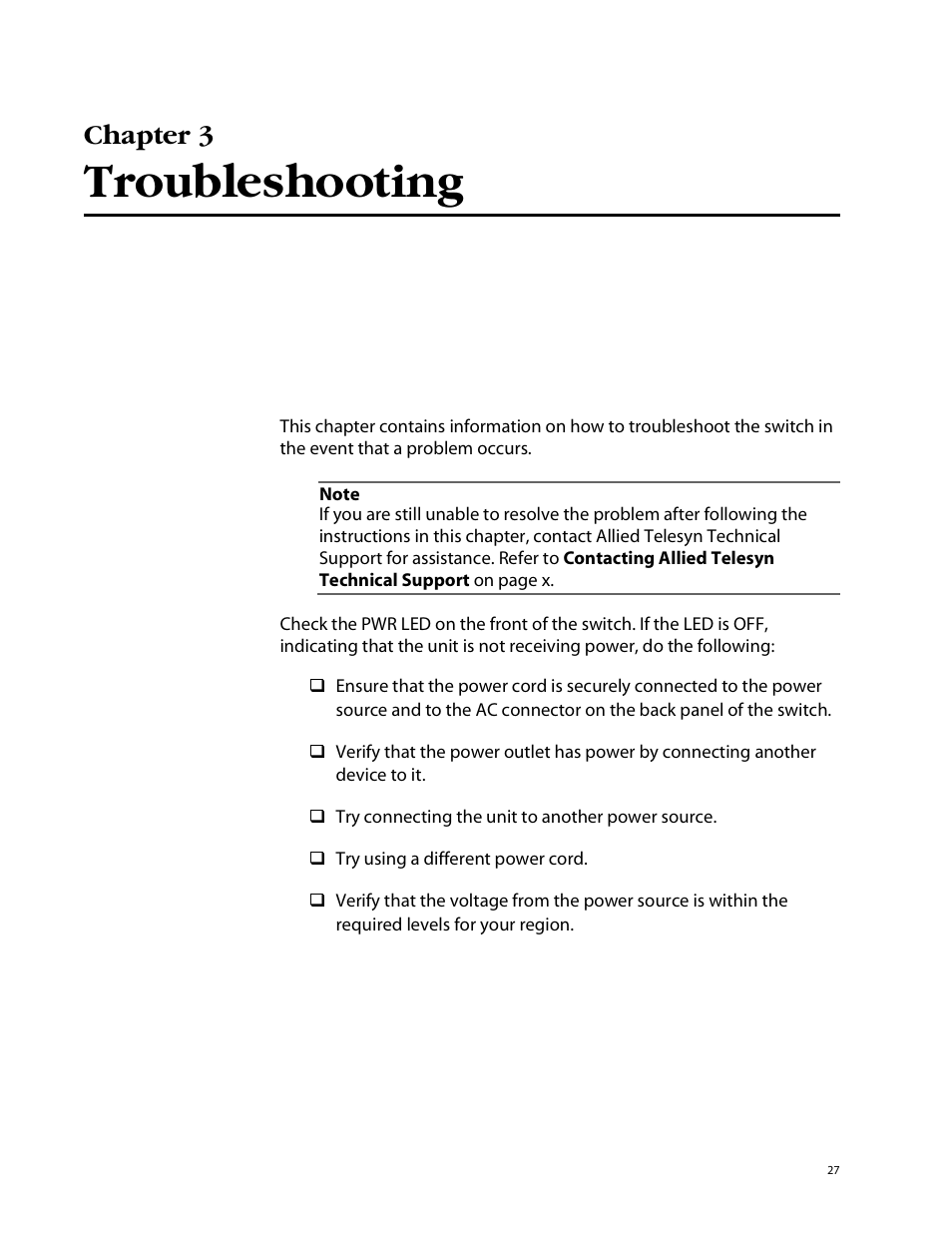 Chapter 3, Troubleshooting | Allied Telesis AT-GS924GB User Manual | Page 39 / 60