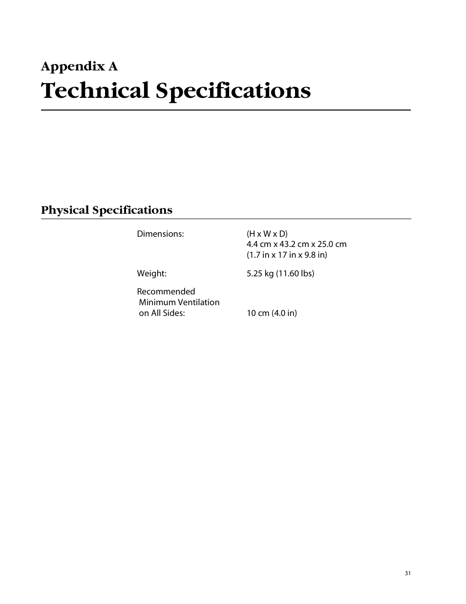 Appendix a, Technical specifications, Physical specifications | Allied Telesis AT-GS924GB User Manual | Page 43 / 60