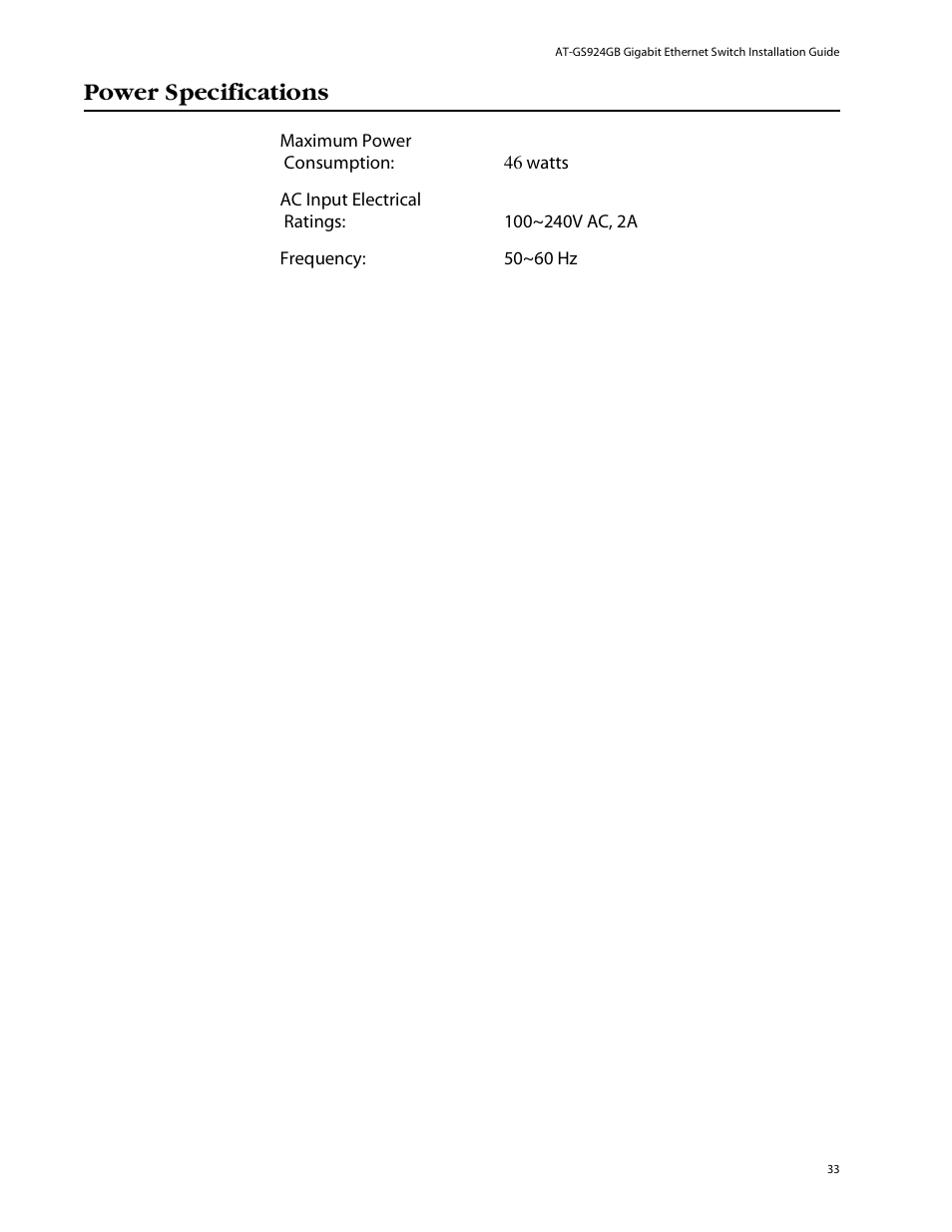 Power specifications | Allied Telesis AT-GS924GB User Manual | Page 45 / 60