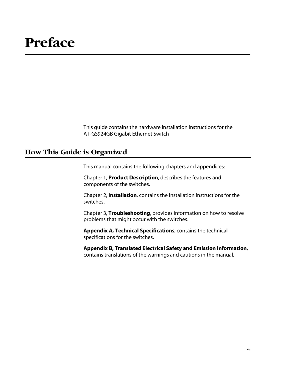 Preface, How this guide is organized | Allied Telesis AT-GS924GB User Manual | Page 7 / 60