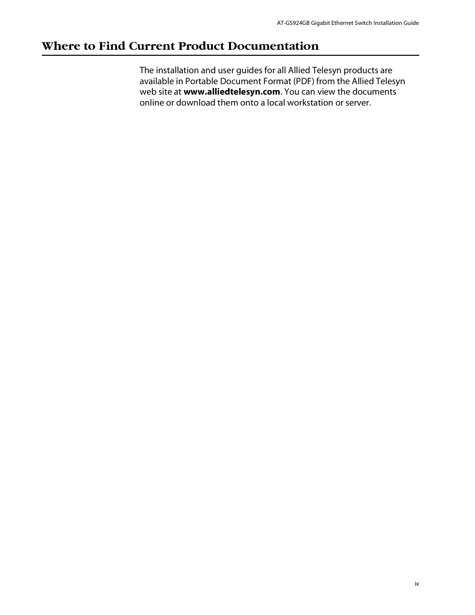 Where to find current product documentation | Allied Telesis AT-GS924GB User Manual | Page 9 / 60