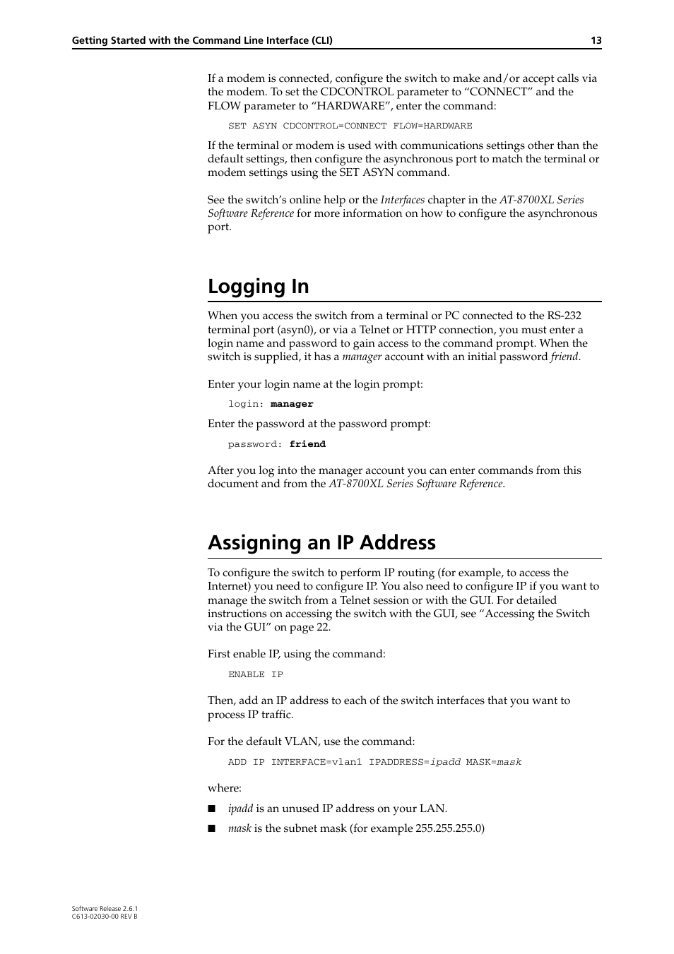 Logging in, Assigning an ip address, Logging in assigning an ip address | Allied Telesis AT-8700XL Series Switch User Manual | Page 13 / 81
