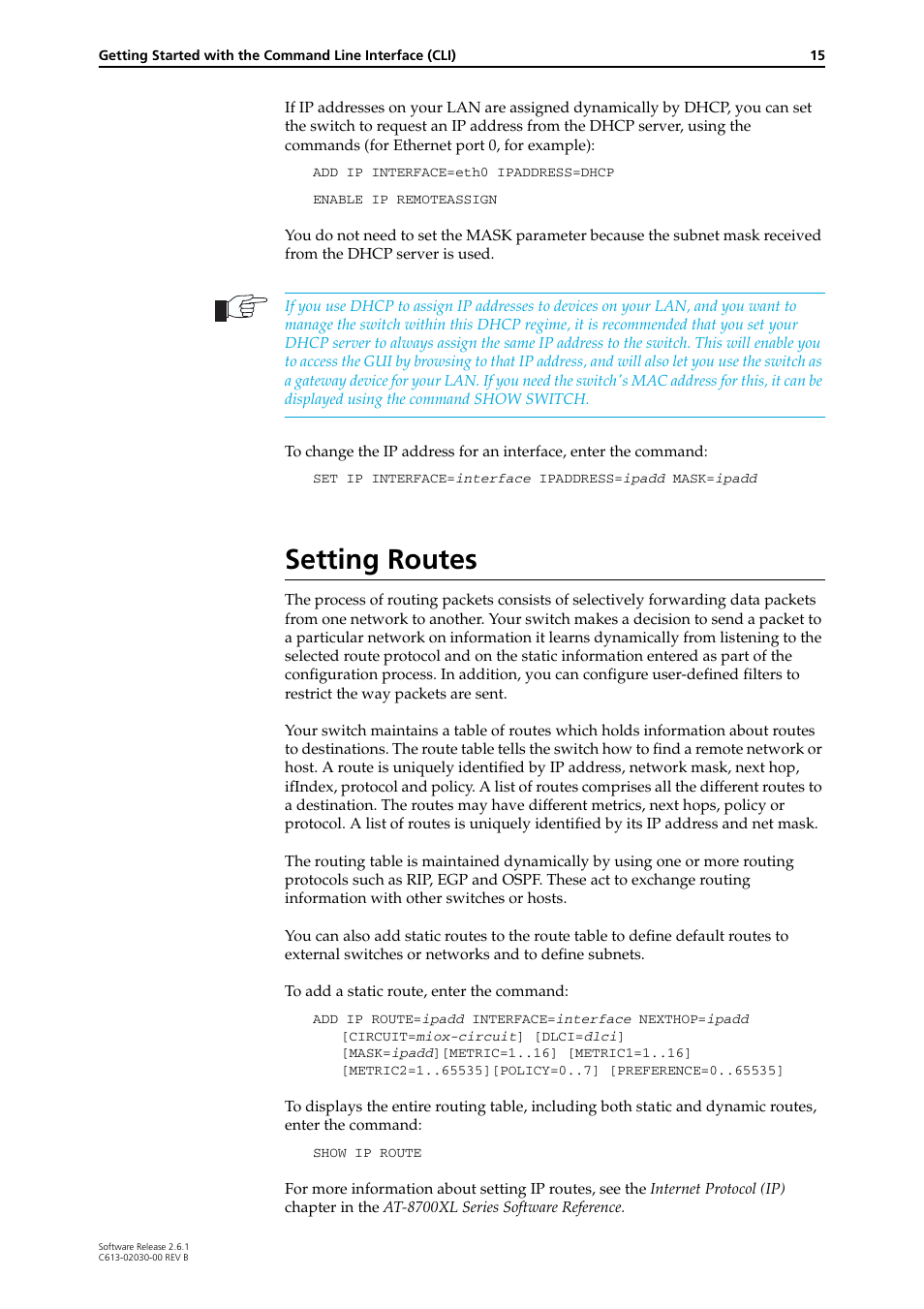 Setting routes | Allied Telesis AT-8700XL Series Switch User Manual | Page 15 / 81