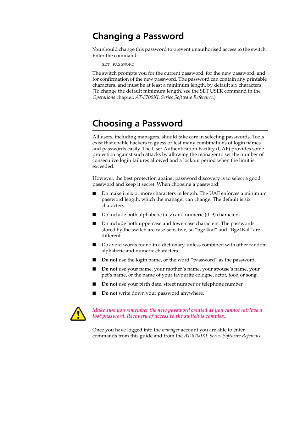Changing a password, Choosing a password, Changing a password choosing a password | Allied Telesis AT-8700XL Series Switch User Manual | Page 16 / 81