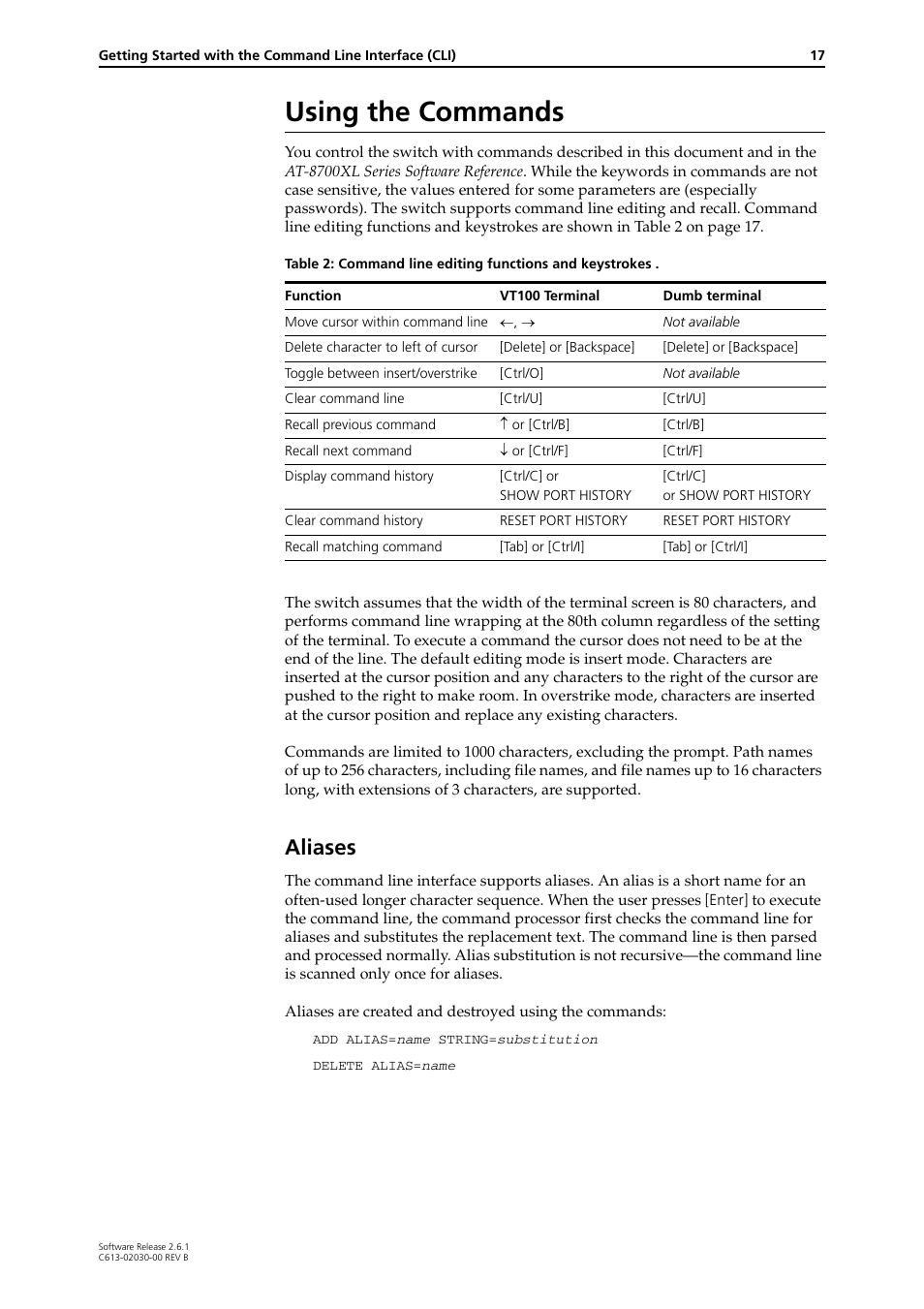 Using the commands, Aliases | Allied Telesis AT-8700XL Series Switch User Manual | Page 17 / 81