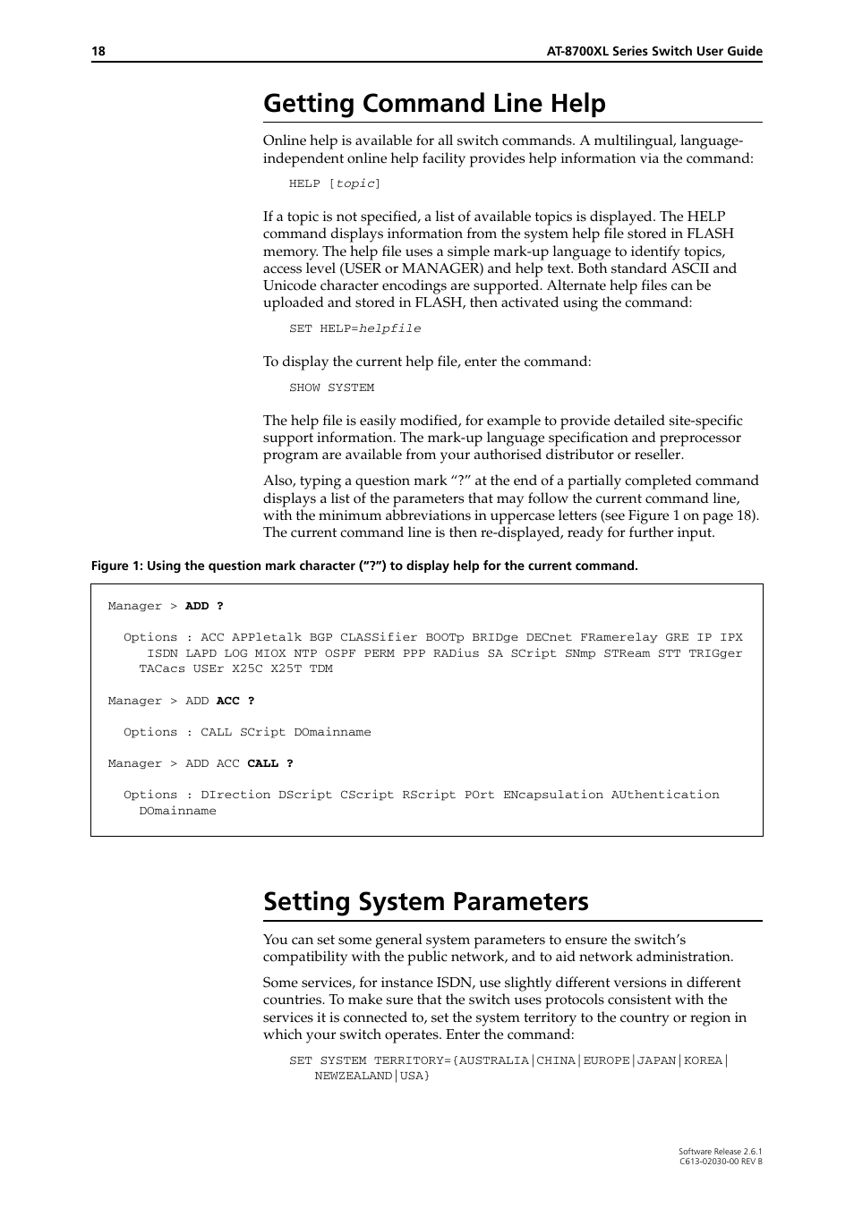 Getting command line help, Setting system parameters | Allied Telesis AT-8700XL Series Switch User Manual | Page 18 / 81