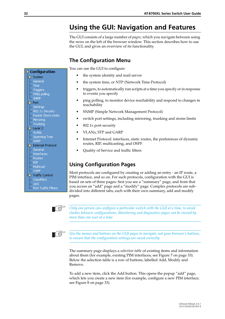 Using the gui: navigation and features, The configuration menu, Using configuration pages | Allied Telesis AT-8700XL Series Switch User Manual | Page 32 / 81