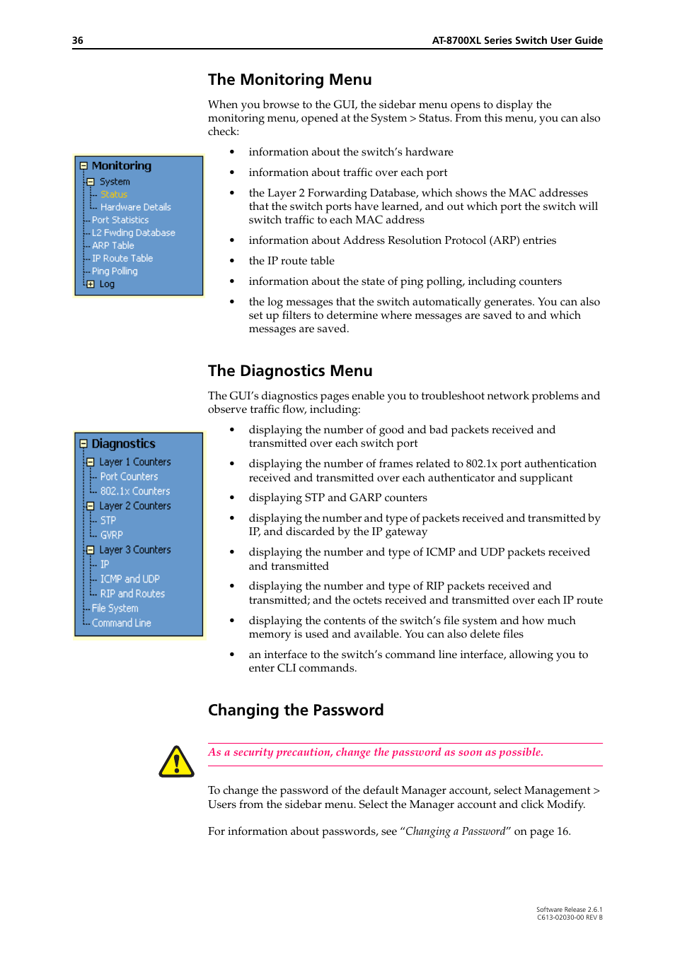 The monitoring menu, The diagnostics menu, Changing the password | Allied Telesis AT-8700XL Series Switch User Manual | Page 36 / 81