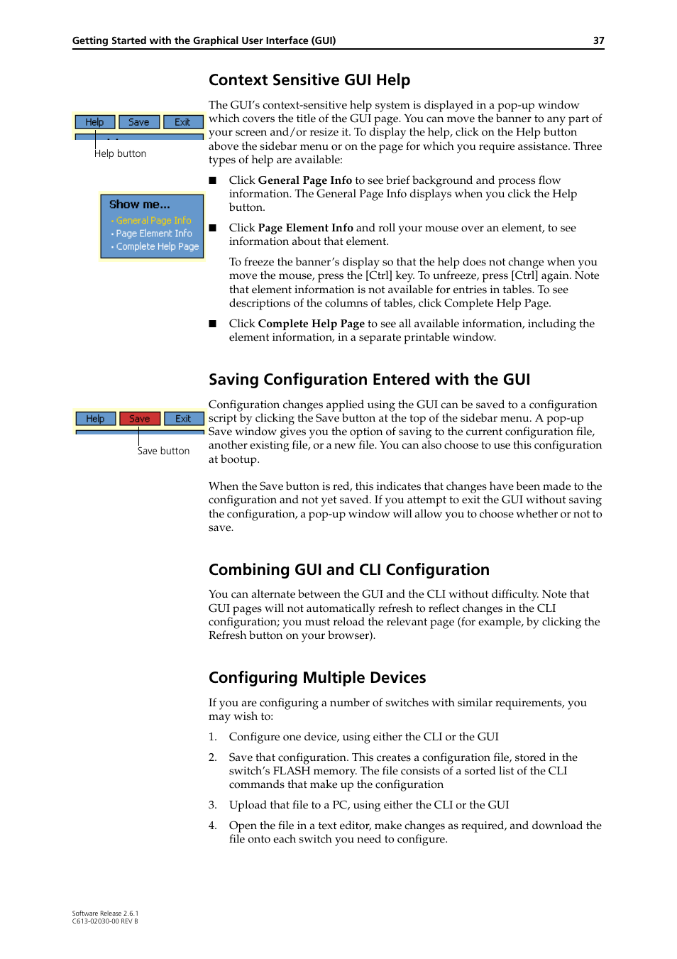 Context sensitive gui help, Saving configuration entered with the gui, Combining gui and cli configuration | Configuring multiple devices | Allied Telesis AT-8700XL Series Switch User Manual | Page 37 / 81