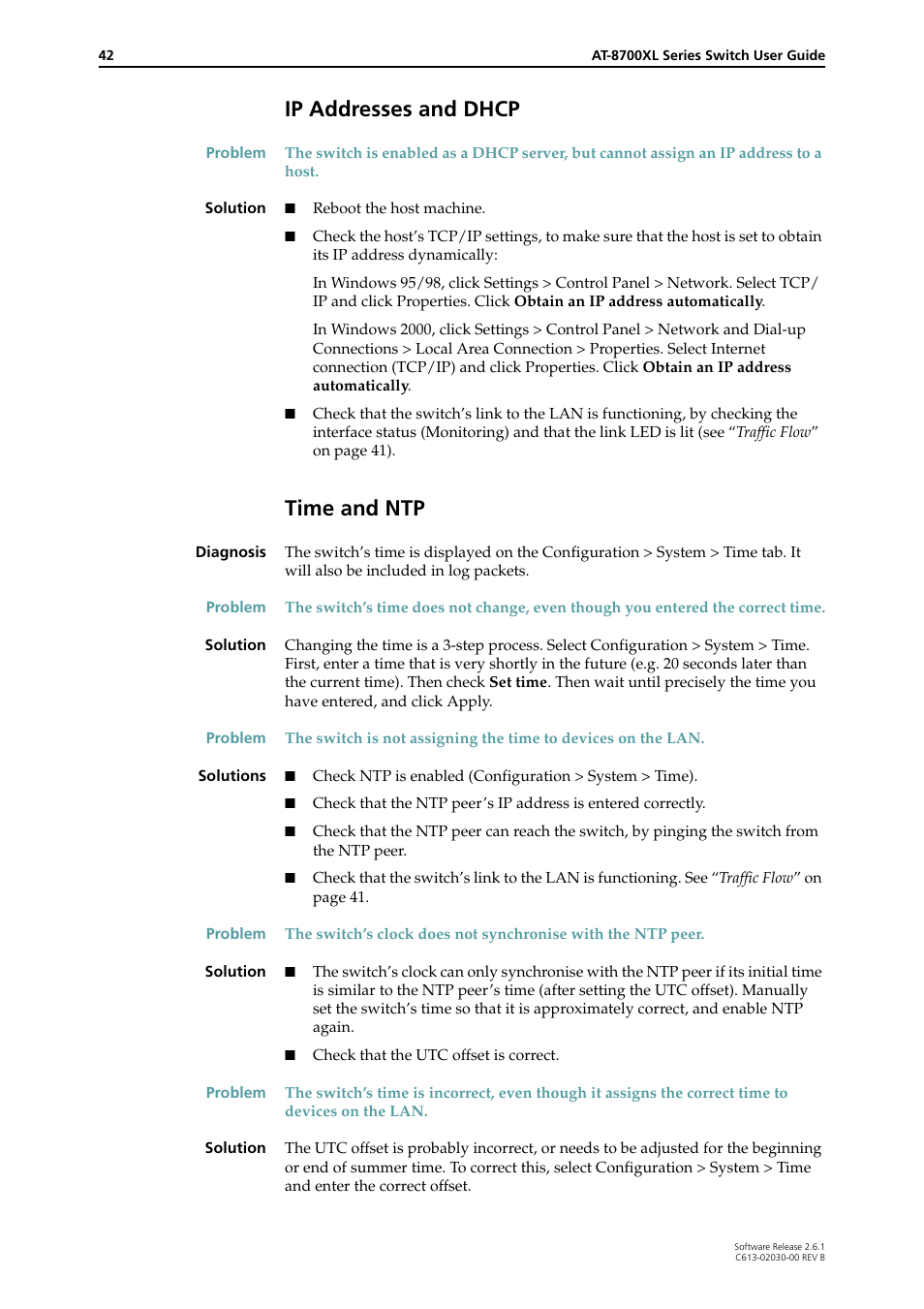 Ip addresses and dhcp, Time and ntp | Allied Telesis AT-8700XL Series Switch User Manual | Page 42 / 81
