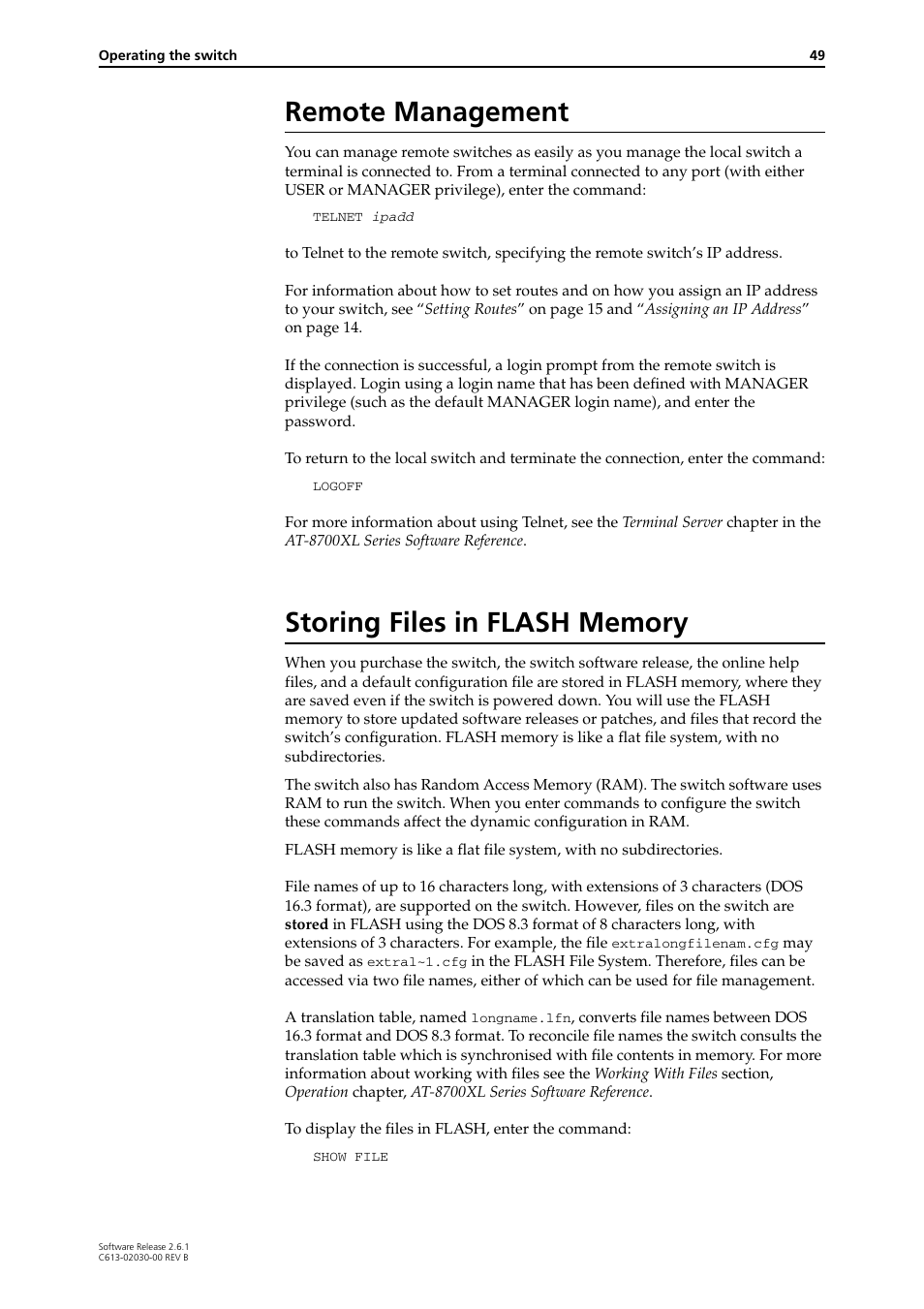 Remote management, Storing files in flash memory, Remote management storing files in flash memory | Allied Telesis AT-8700XL Series Switch User Manual | Page 49 / 81