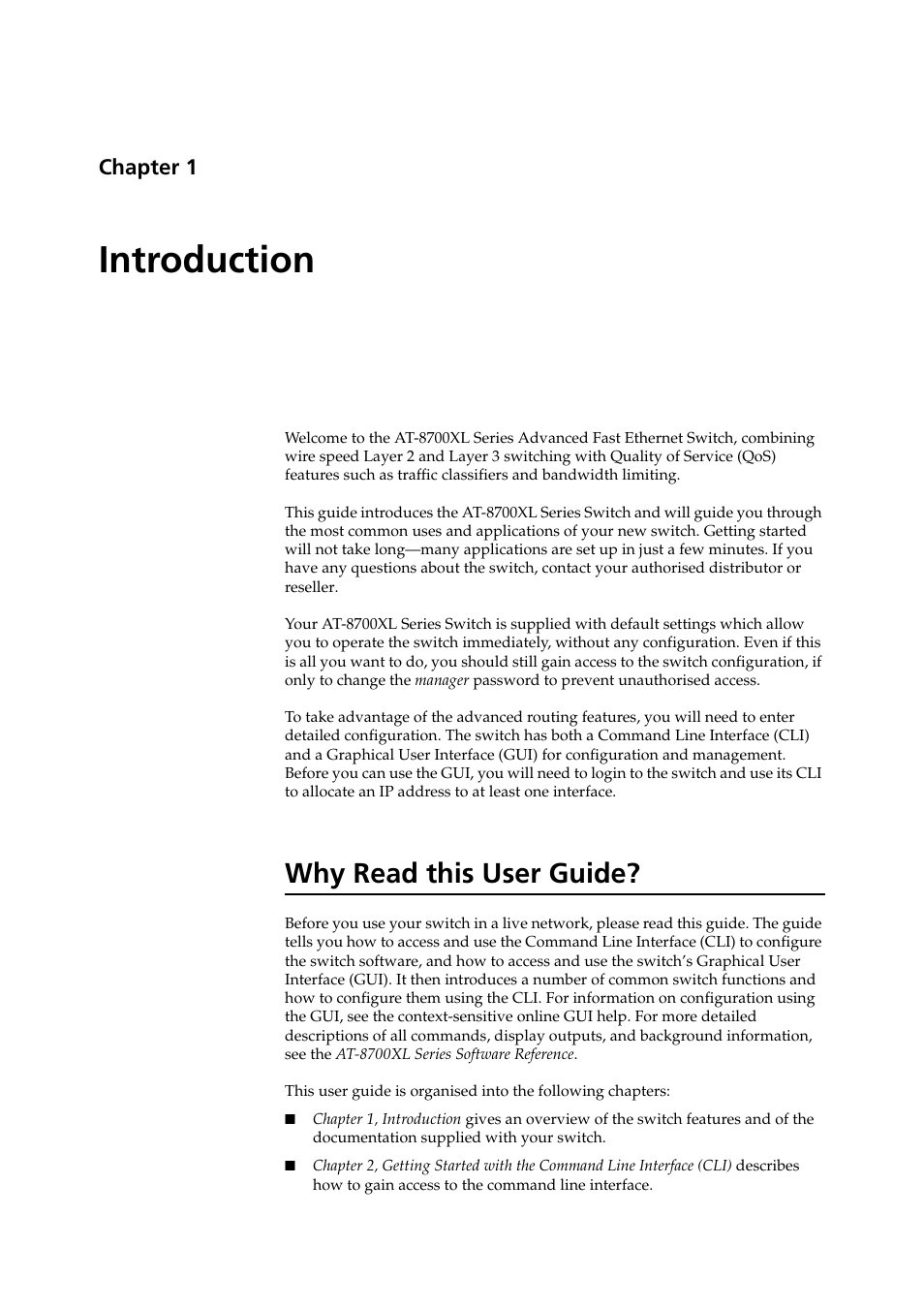 Introduction, Why read this user guide, Chapter 1 | Allied Telesis AT-8700XL Series Switch User Manual | Page 5 / 81