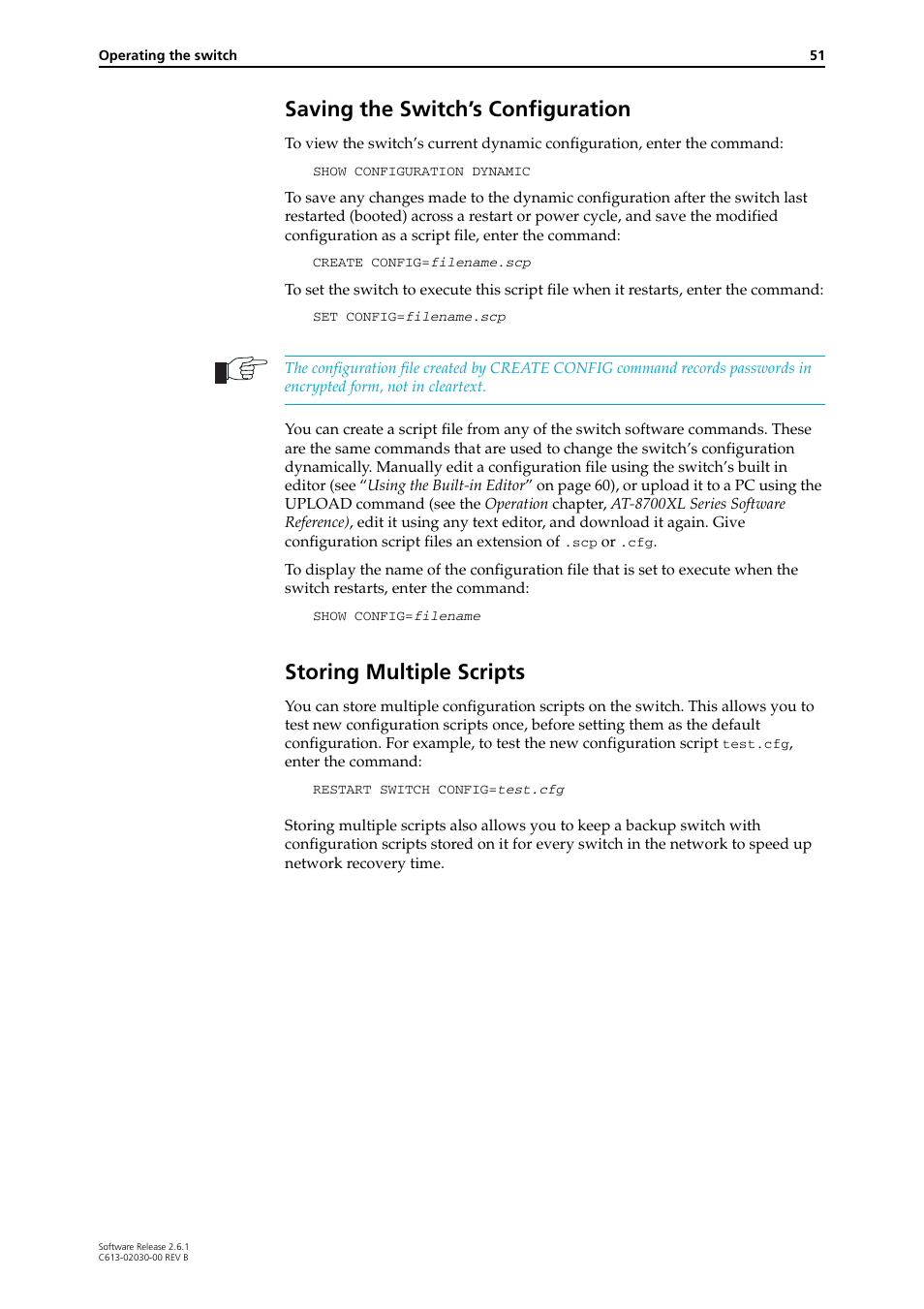 Saving the switch’s configuration, Storing multiple scripts | Allied Telesis AT-8700XL Series Switch User Manual | Page 51 / 81