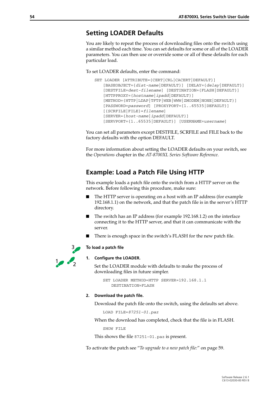 Setting loader defaults, Example: load a patch file using http | Allied Telesis AT-8700XL Series Switch User Manual | Page 54 / 81