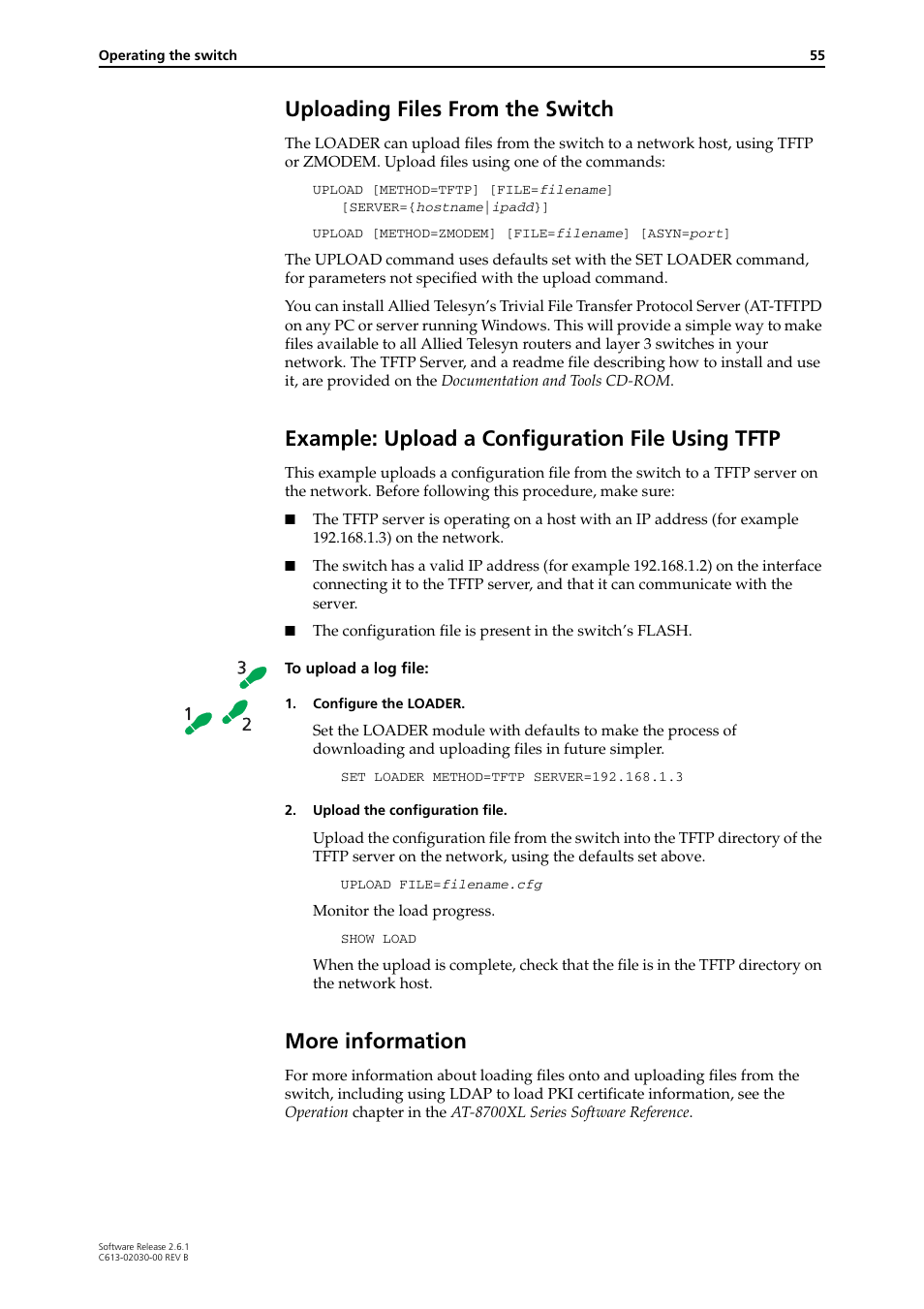 Uploading files from the switch, Example: upload a configuration file using tftp, More information | Allied Telesis AT-8700XL Series Switch User Manual | Page 55 / 81