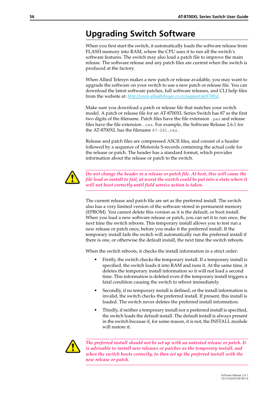 Upgrading switch software | Allied Telesis AT-8700XL Series Switch User Manual | Page 56 / 81