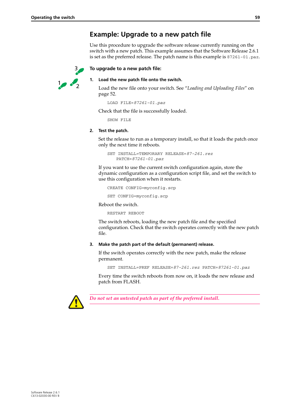 Example: upgrade to a new patch file | Allied Telesis AT-8700XL Series Switch User Manual | Page 59 / 81