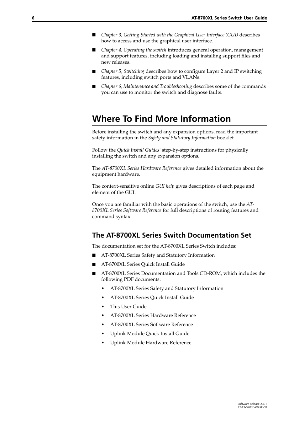 Where to find more information, The at-8700xl series switch documentation set | Allied Telesis AT-8700XL Series Switch User Manual | Page 6 / 81