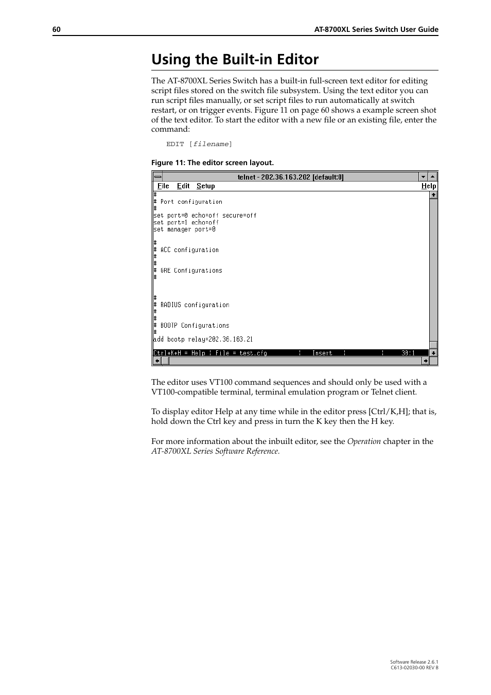 Using the built-in editor | Allied Telesis AT-8700XL Series Switch User Manual | Page 60 / 81