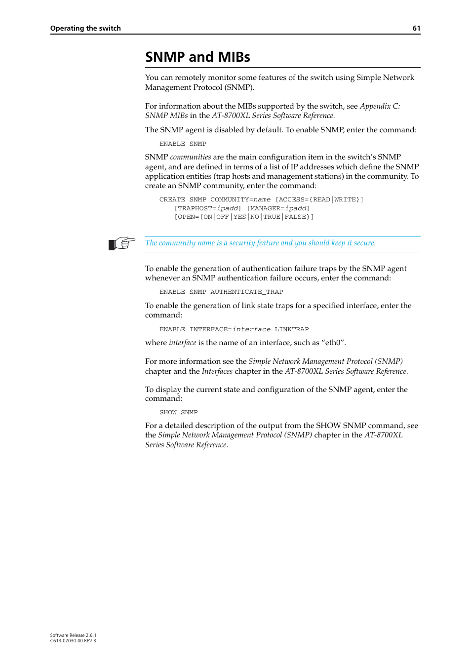 Snmp and mibs | Allied Telesis AT-8700XL Series Switch User Manual | Page 61 / 81