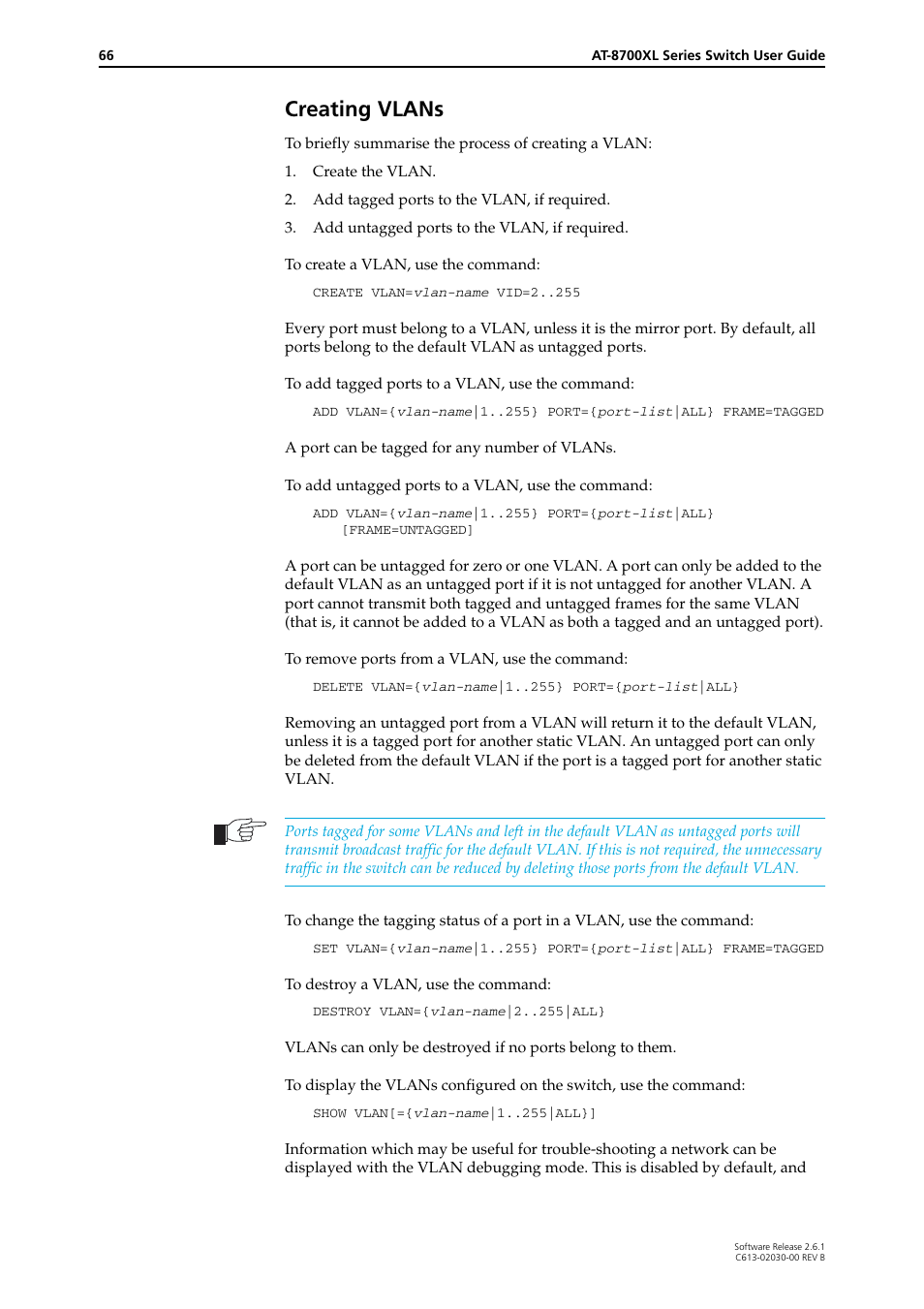 Creating vlans | Allied Telesis AT-8700XL Series Switch User Manual | Page 66 / 81