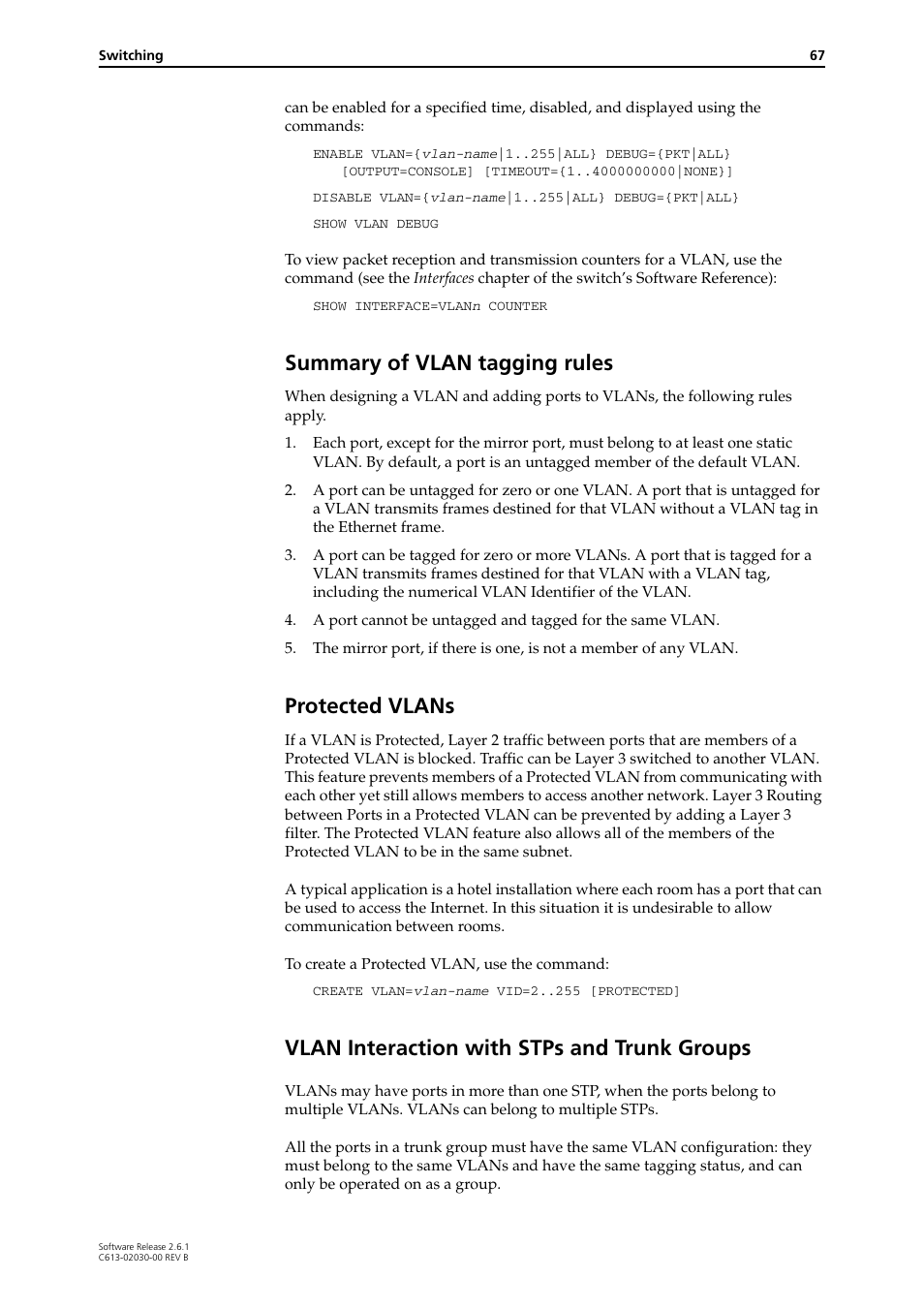 Summary of vlan tagging rules, Protected vlans, Vlan interaction with stps and trunk groups | Allied Telesis AT-8700XL Series Switch User Manual | Page 67 / 81