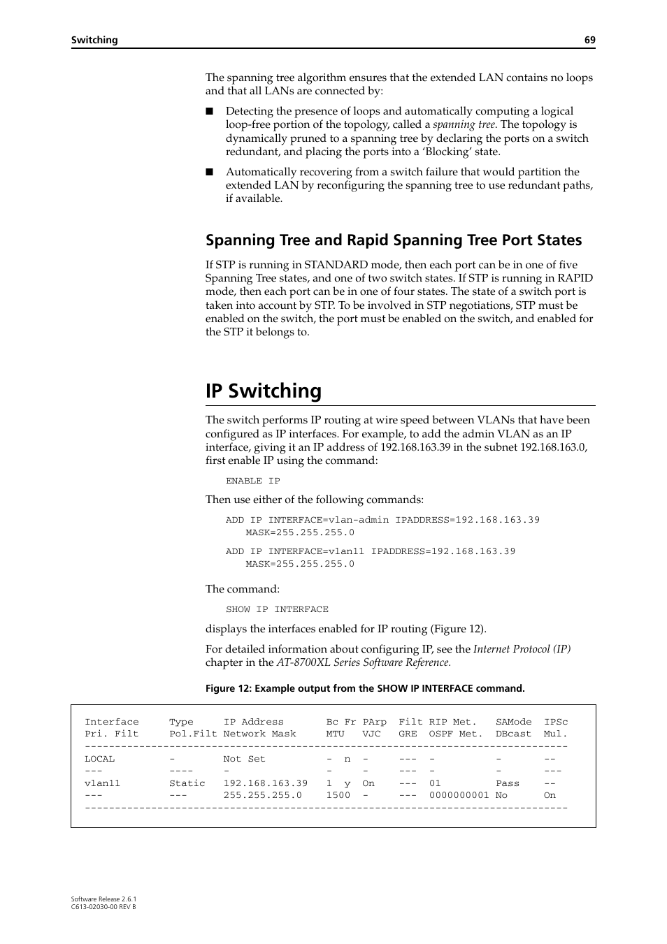 Spanning tree and rapid spanning tree port states, Ip switching | Allied Telesis AT-8700XL Series Switch User Manual | Page 69 / 81
