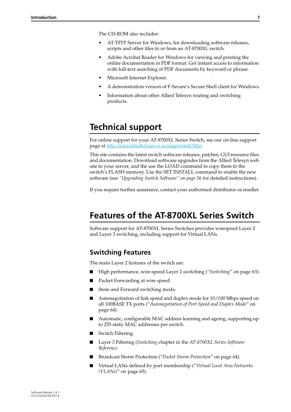 Technical support, Features of the at-8700xl series switch, Switching features | Allied Telesis AT-8700XL Series Switch User Manual | Page 7 / 81
