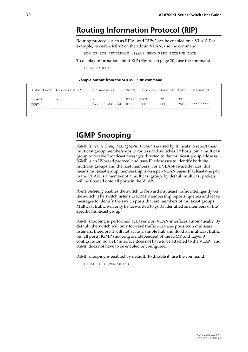 Routing information protocol (rip), Example output from the show ip rip command, Igmp snooping | Allied Telesis AT-8700XL Series Switch User Manual | Page 70 / 81