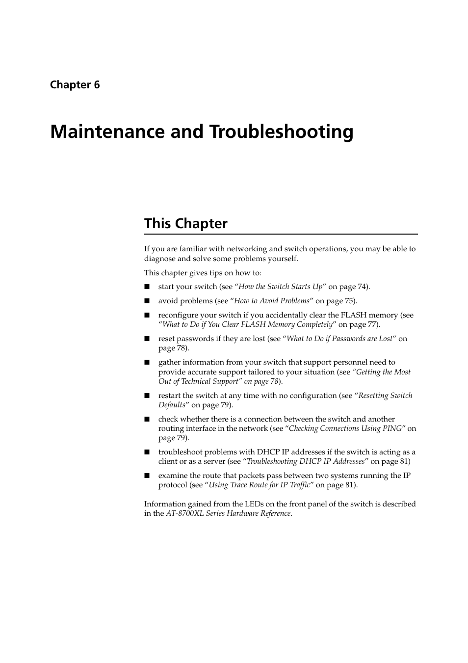 Maintenance and troubleshooting, This chapter, Chapter 6 | Chapter 6, maintenance and troubleshooting des | Allied Telesis AT-8700XL Series Switch User Manual | Page 73 / 81