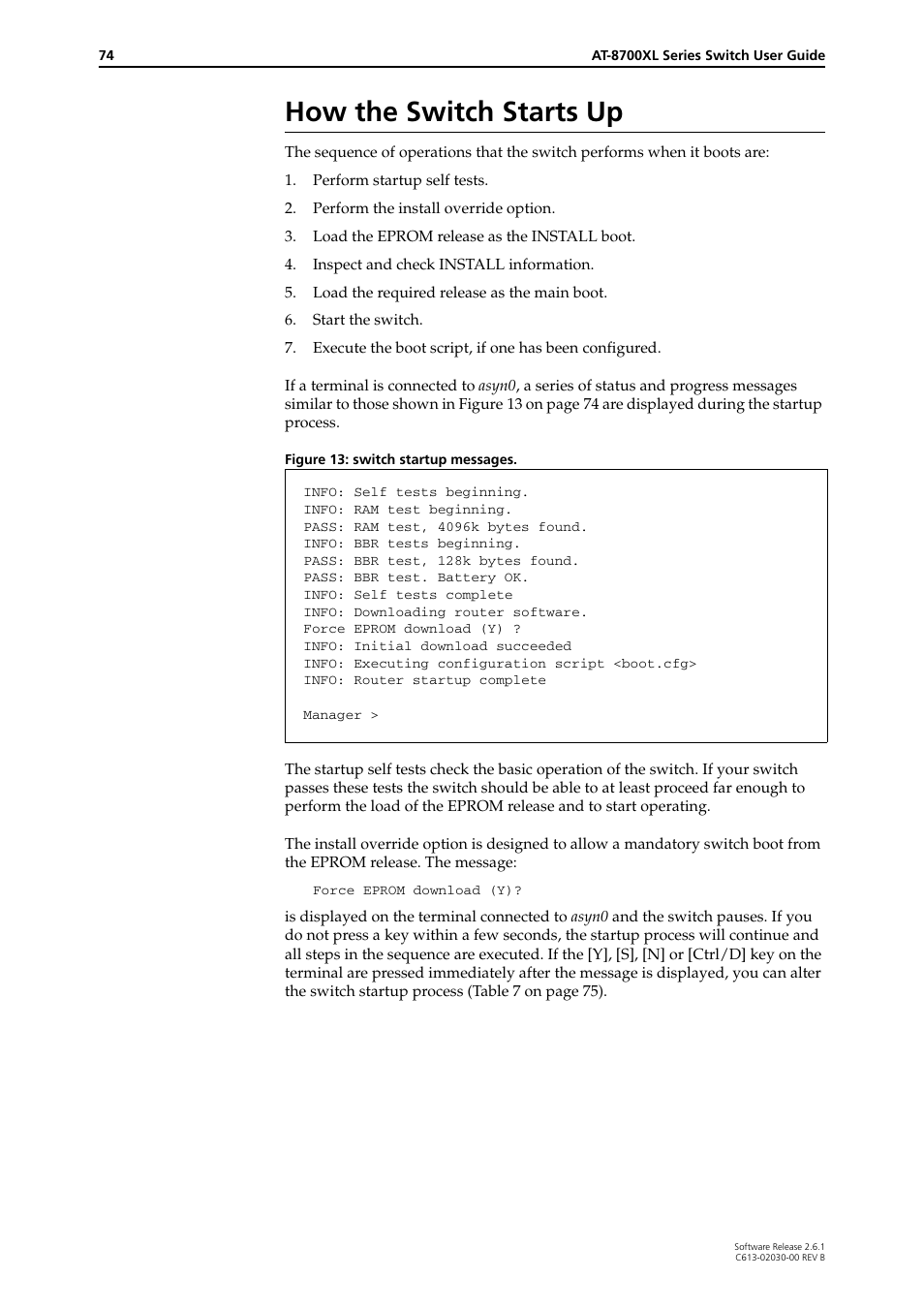 How the switch starts up | Allied Telesis AT-8700XL Series Switch User Manual | Page 74 / 81