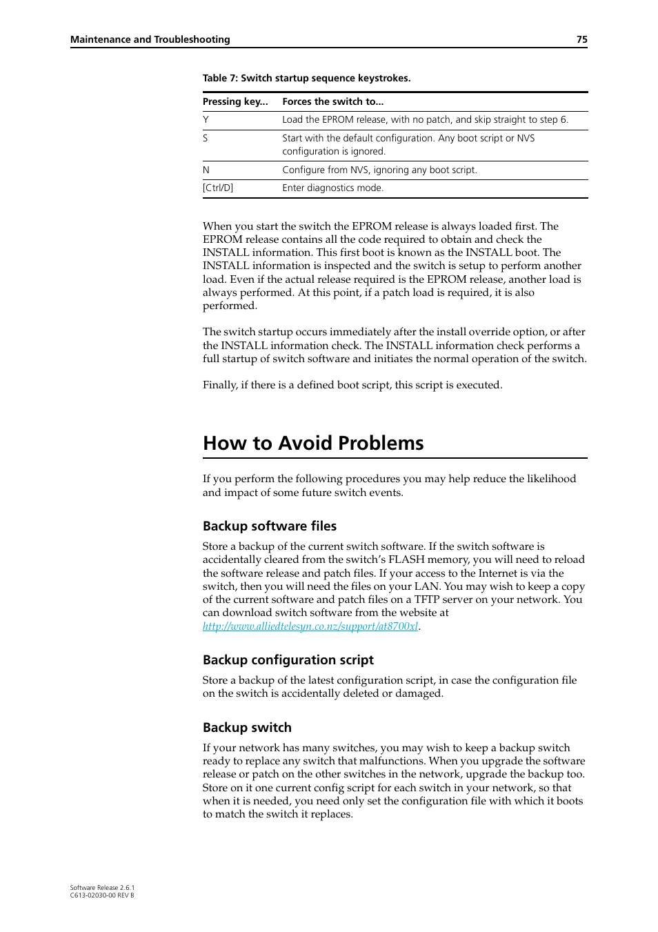 How to avoid problems, Backup software files, Backup configuration script | Backup switch | Allied Telesis AT-8700XL Series Switch User Manual | Page 75 / 81