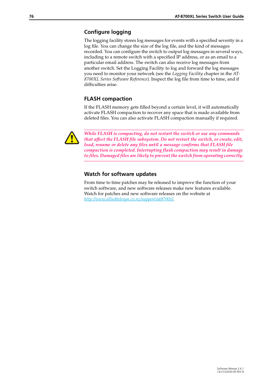 Configure logging, Flash compaction, Watch for software updates | Allied Telesis AT-8700XL Series Switch User Manual | Page 76 / 81